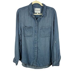 Lola River Boho Light Blue Chambre Denim Collared Roll-Up Sleeve Large Blouse